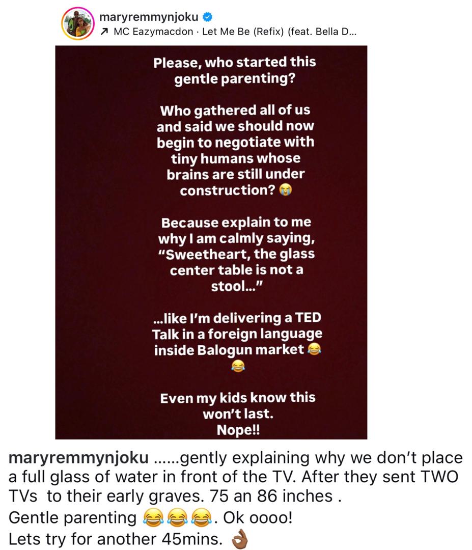 Actress Mary Remmy Njoku asks who started gentle parenting as she shares experience with her children